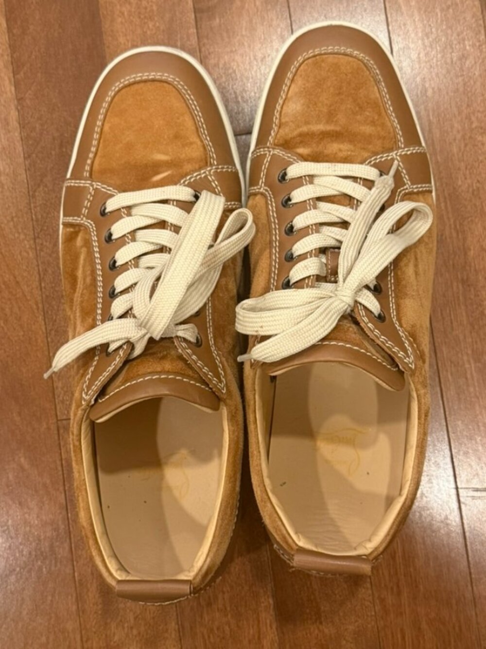 Christian Louboutin Men's Tan Suede & Leather Sneakers Red Sole - Size 12/45